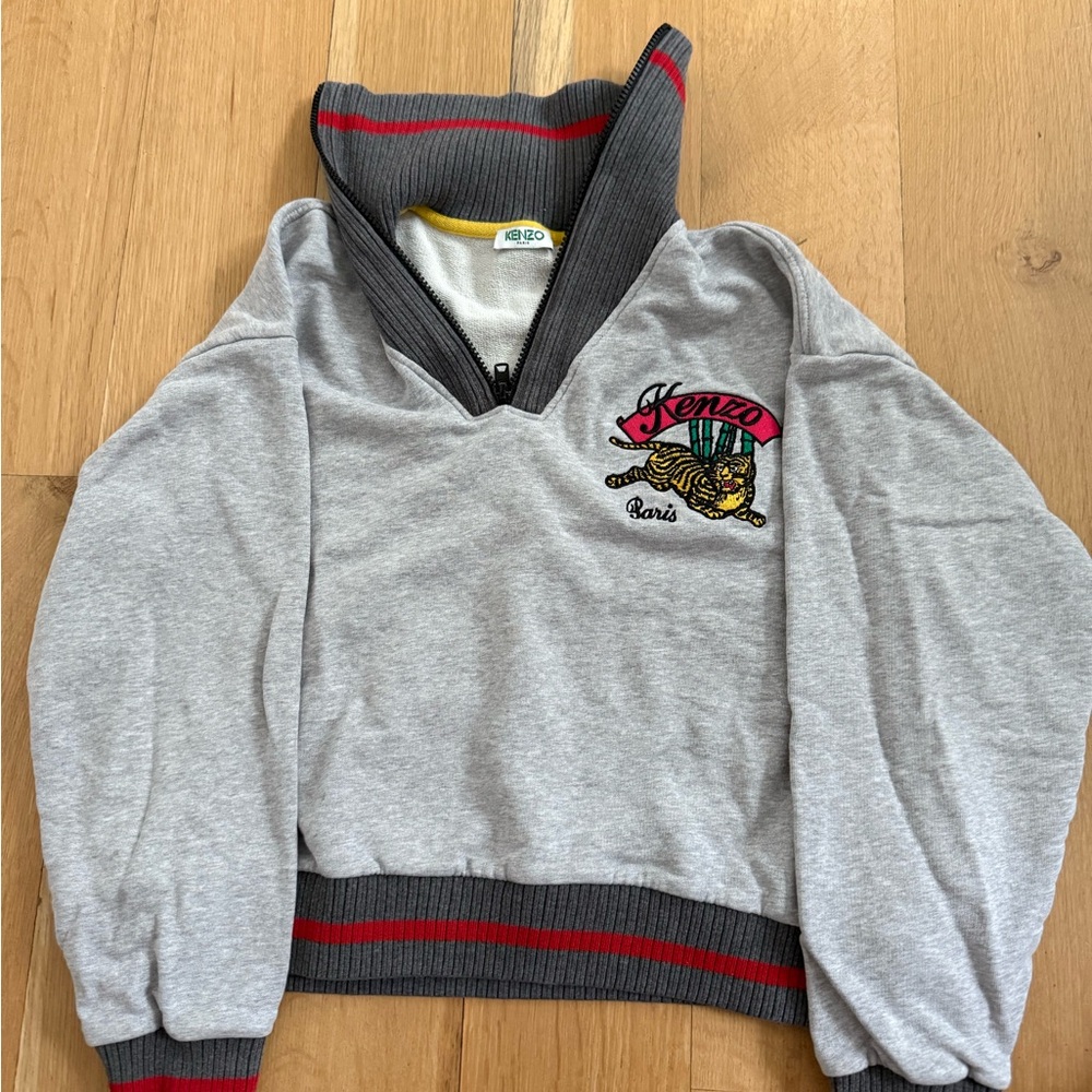 Kenzo Gray Pullover with Embroidered Tiger and Red Accents